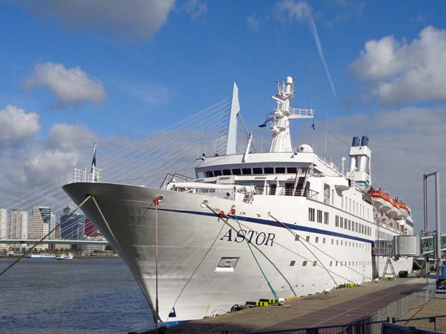 Cruiseschip ms Astor van Global Maritime Group aan de Cruise Terminal Rotterdam